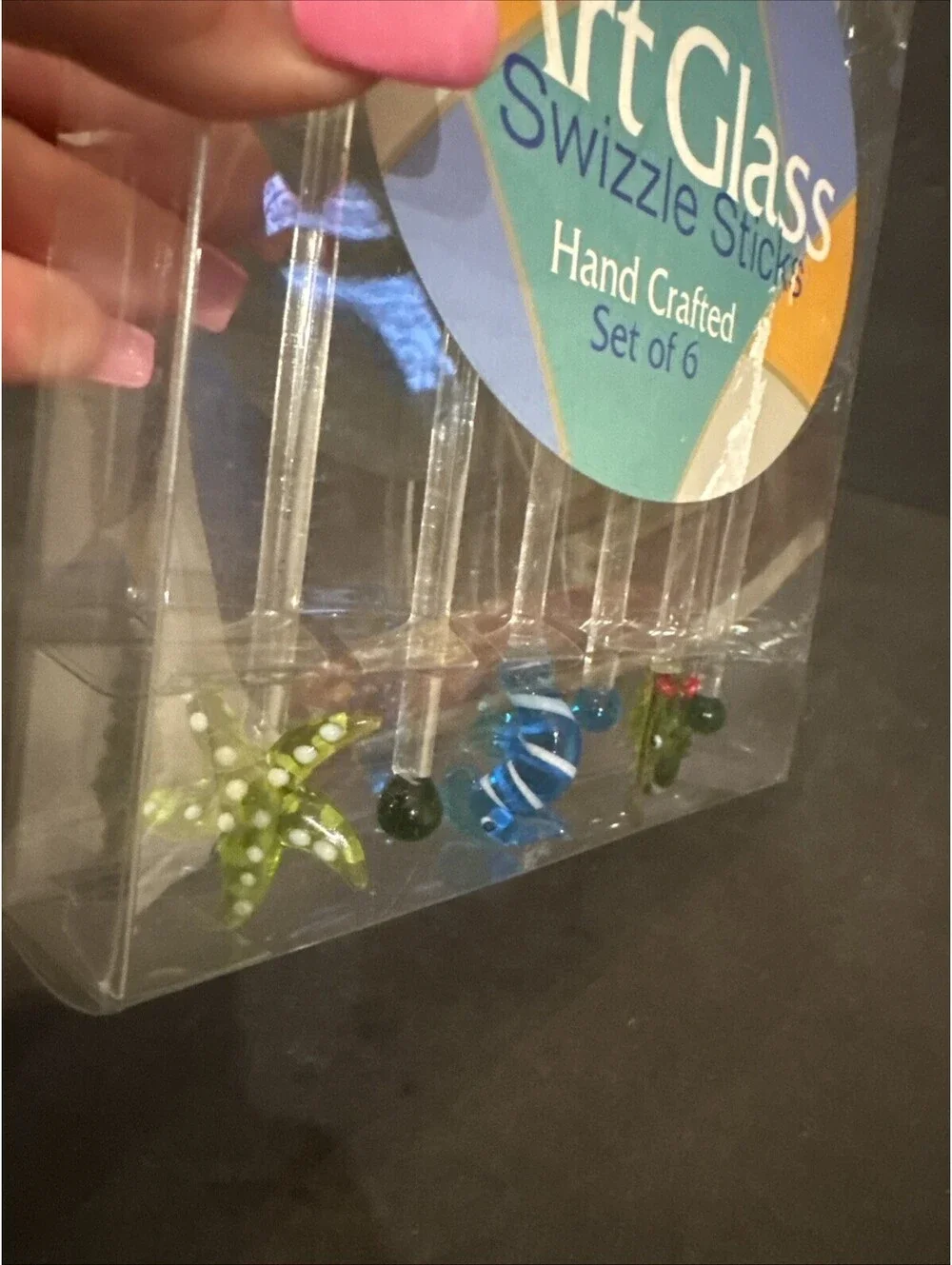 NEW HAND BLOWN GLASS SWIZZLE STICKS SET OF 6 TROPICAL FISH